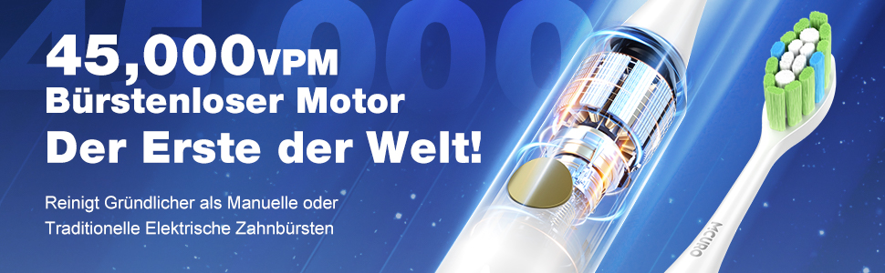 Електрична звукова зубна щітка з 6 насадками DuPont, 5 режимів, таймер, індикатор заряду, 120 днів роботи від акумулятора, 45000 VPM, відбілювання за 1 тиждень