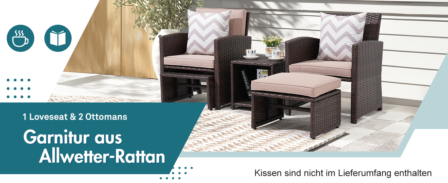 Садовий набір меблів з ротангу OC Orange-Casual 5 предметів: диван, крісла, столик, пуфи, подушки - бежевий