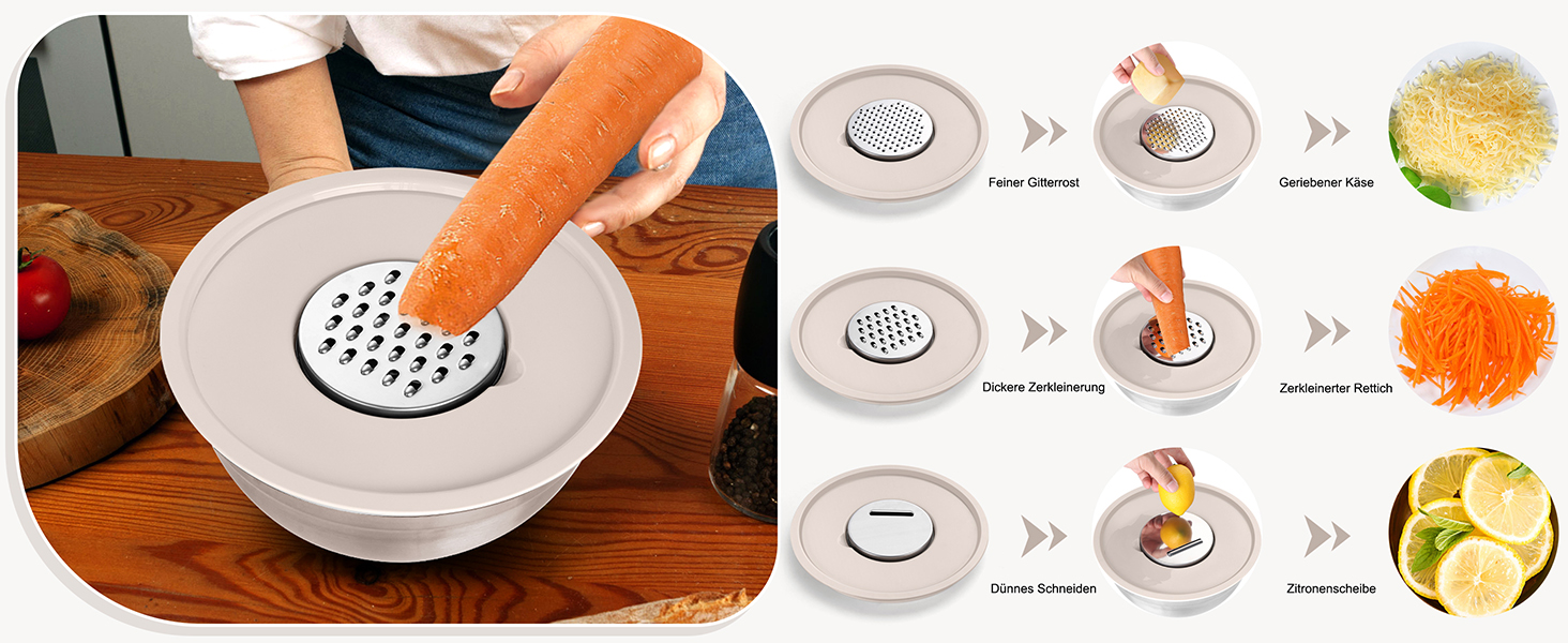 Набір мисок Homikit: 5 мисок з нержавіючої сталі з кришками та силіконовим дном, мультифункціональні, складані, придатні для миття в посудомийній машині, 6.6L / 3.5L / 2.5L / 1.5L / 1L (Хакі, з 3 тертками)