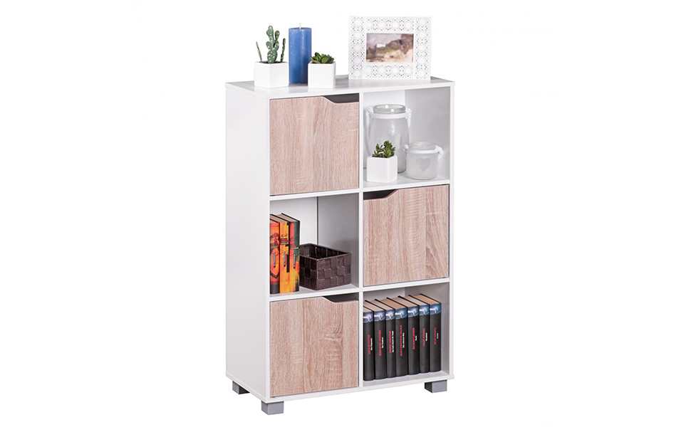 Книжкова шафа FineBuy Design MASSA Modern Wood White з дверцятами Дуб Сонома Відсіки для зберігання Окремо стояча полиця Розмір на вибір