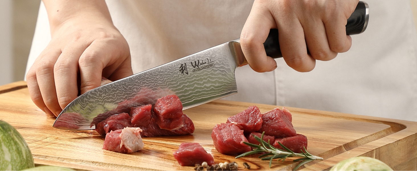 Ніж кухонний Wakoli Mikata Damast Santoku 17 см з лезом з дамаської сталі (67 шарів) з ручкою Micarta