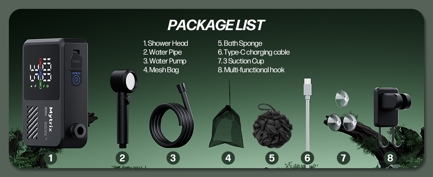 Митрікс Портативна душова система для кемпінгу: 10 л/хв, акумулятор 7800mAh, 4 режими, IPX8, для подорожей, автомийки, чорна