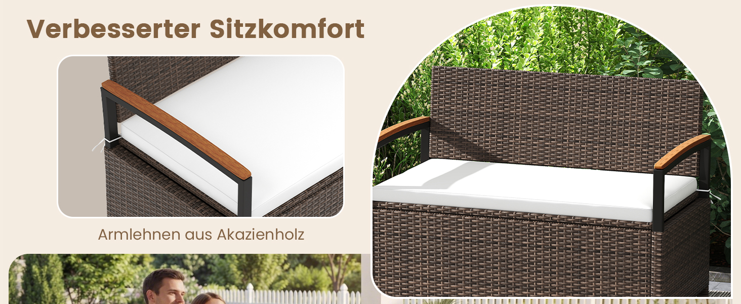 Лавка садова Costway з ротангу Polyrattan, з ящиком для зберігання, 2-місна, сіра (120x61x84 см) для балкона, тераси, саду з подушками