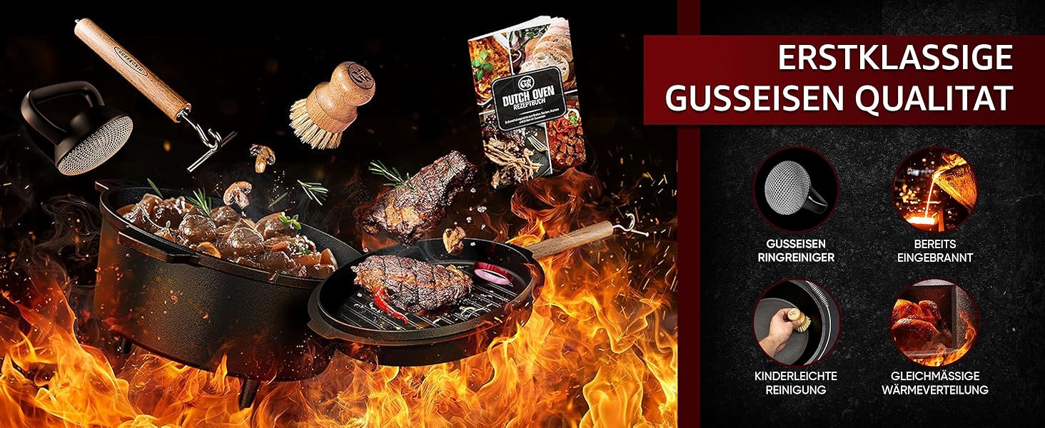 Набір голандського казана – 4,5 л, чавунний, для 2-4 осіб, з ніжками, подвійна функція, з кришкою-інструментом, очисником, щіткою та книгою рецептів – 30 років гарантії