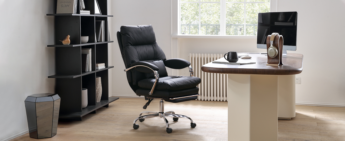 Офісний крісло EMIAH з підніжкою, комфортний крісло для роботи з підлокітниками, ергономічний крісло для начальника з PU шкіри та роликами, ігровий комп'ютерне крісло з потовщеною подушкою,(Чорний)