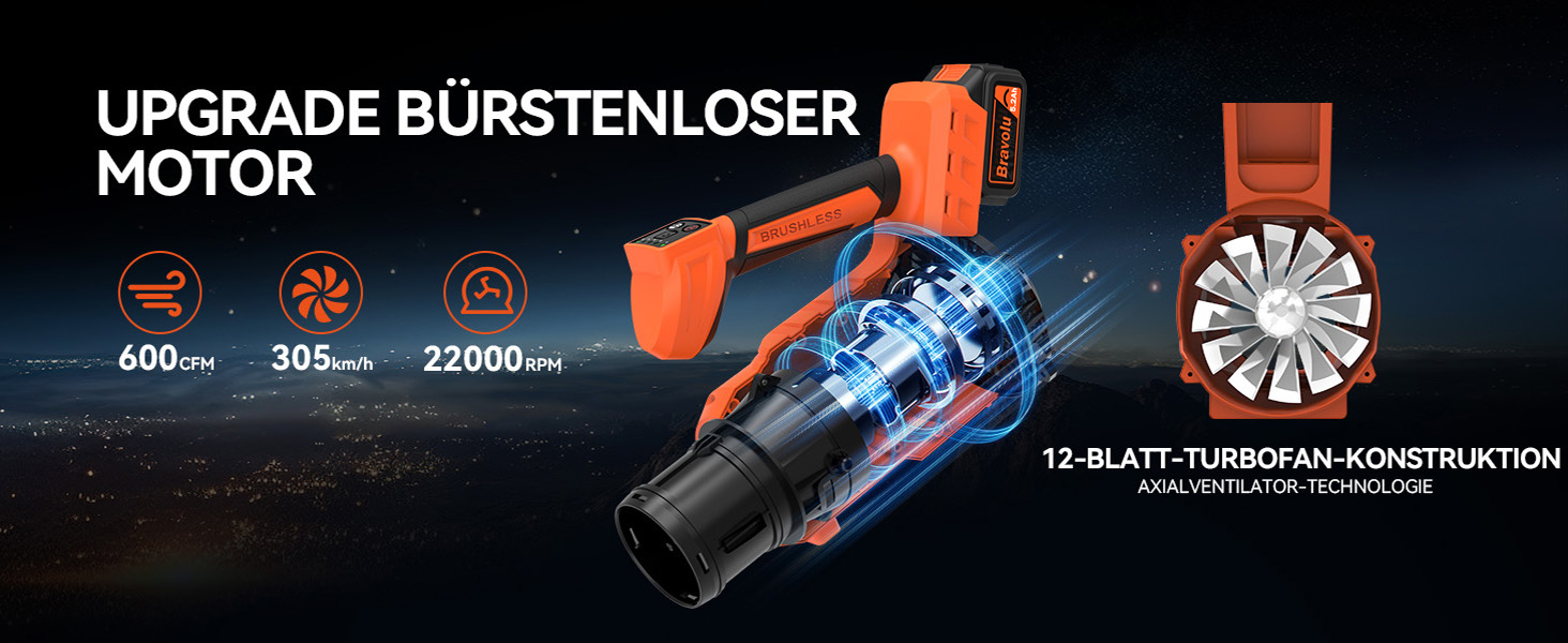 Акумуляторний повітродув Bravolu 21V: потужність 210 км/год, 4.0 Ah, 6 швидкостей (5200mAh x 2), з зарядним пристроєм