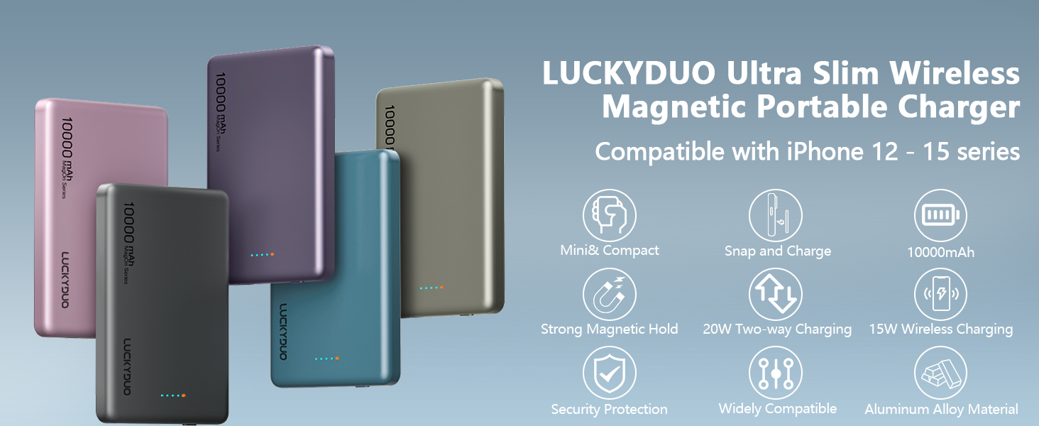 Пауербанк LUCKYDUO Mag-safe 10 000 мАг, ультратонкий, магнітний, PD 20 Вт USB-C, для iPhone 15-12