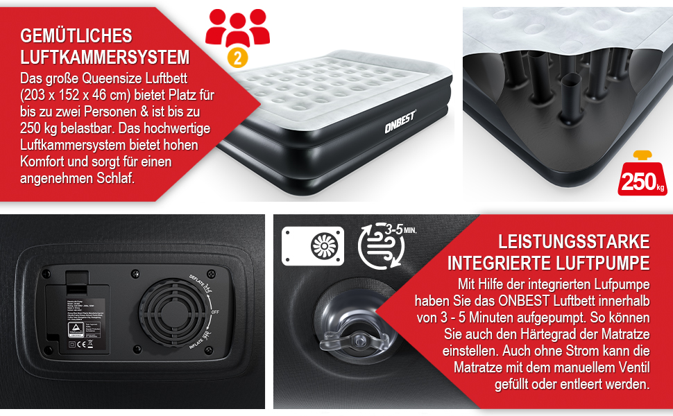 Надувне ліжко самостійно надувне – для 2 осіб – 203 x 152 x 46 см – з електричним насосом – надувне ліжко для гостей за 3-5 хвилин – вбудована подушка (Чорний)