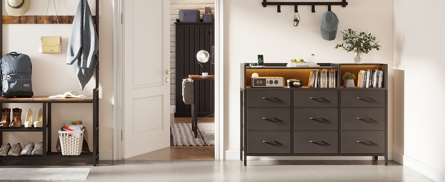 Комод ODK з шухлядами, 2 розетки, 2 USB, 10 LED-смужок, полиця, стільниця, 9 тканинних шухляд, чорний колір, 130x30x97 см