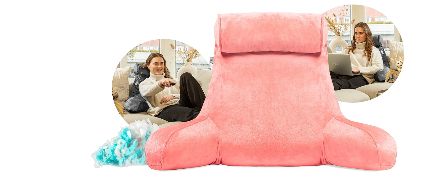 Подушка для читання Ella Lesekissen для ліжка та дивана з знімною подушкою для шиї - подушка для спини для ліжка. Подушка для читання з піною з пам'яті з підлокітниками, ідеально підходить для читання, перегляду телевізора, відпочинку або як спинна підтримка (Рожевий)