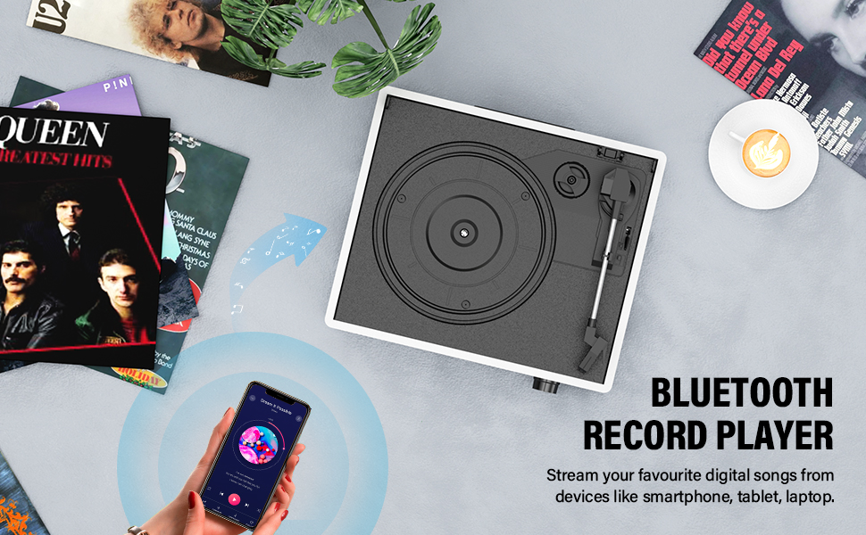 Вініловий програвач ретро-стилю з Bluetooth, портативний, 3 швидкості 33/45/78 об/хв, вбудовані стерео-динаміки, RCA вихід, AUX, білий