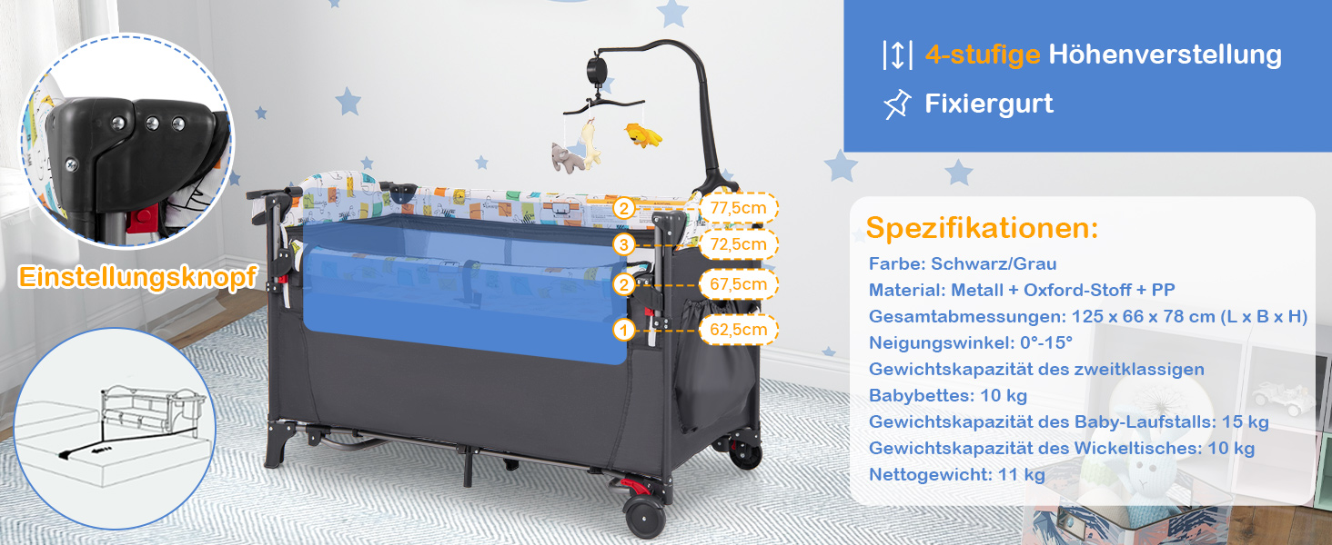 Дитяче ліжко-манеж COSTWAY 120x60 см з матрацом, пеленальним столиком, іграшками та музичною шкатулкою, сірий колір