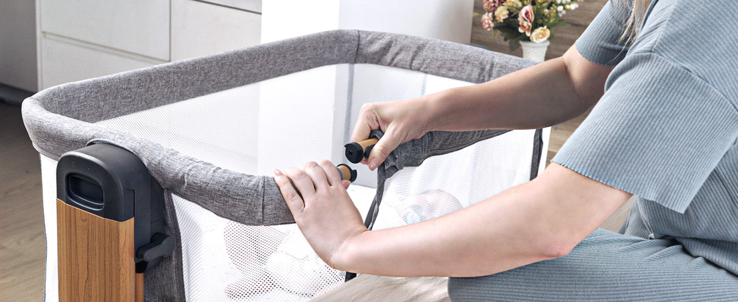 Дитяче ліжко-приліжкове 3 в 1 з м'яким матрацом, безпечне та універсальне, 7 положень по висоті, відкидна боковина з колесами для дому та подорожей