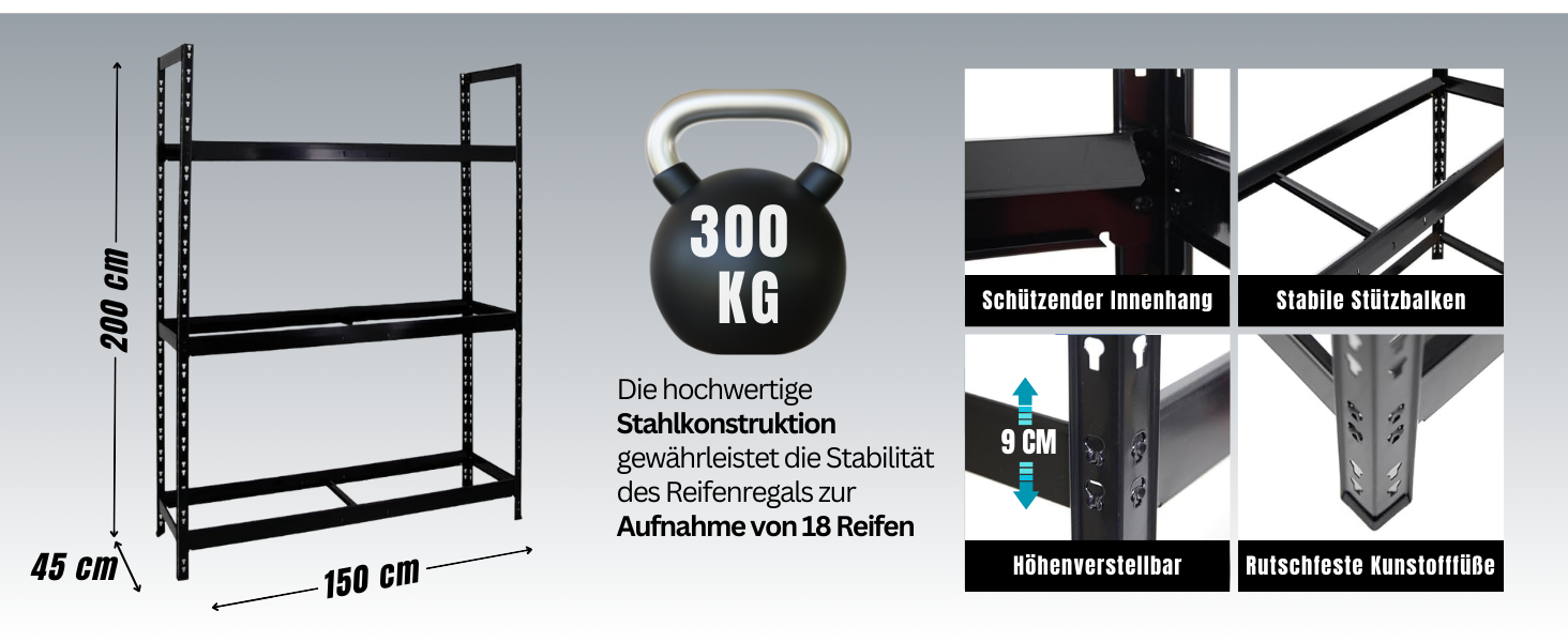 Стелаж для шин PROREGAL Tiger XL: 200x150x45 см, 300 кг навантаження, до 18 шин (205/55 R16), блакитно-помаранчевий | Стелаж для автосервісу, складу, підвалу