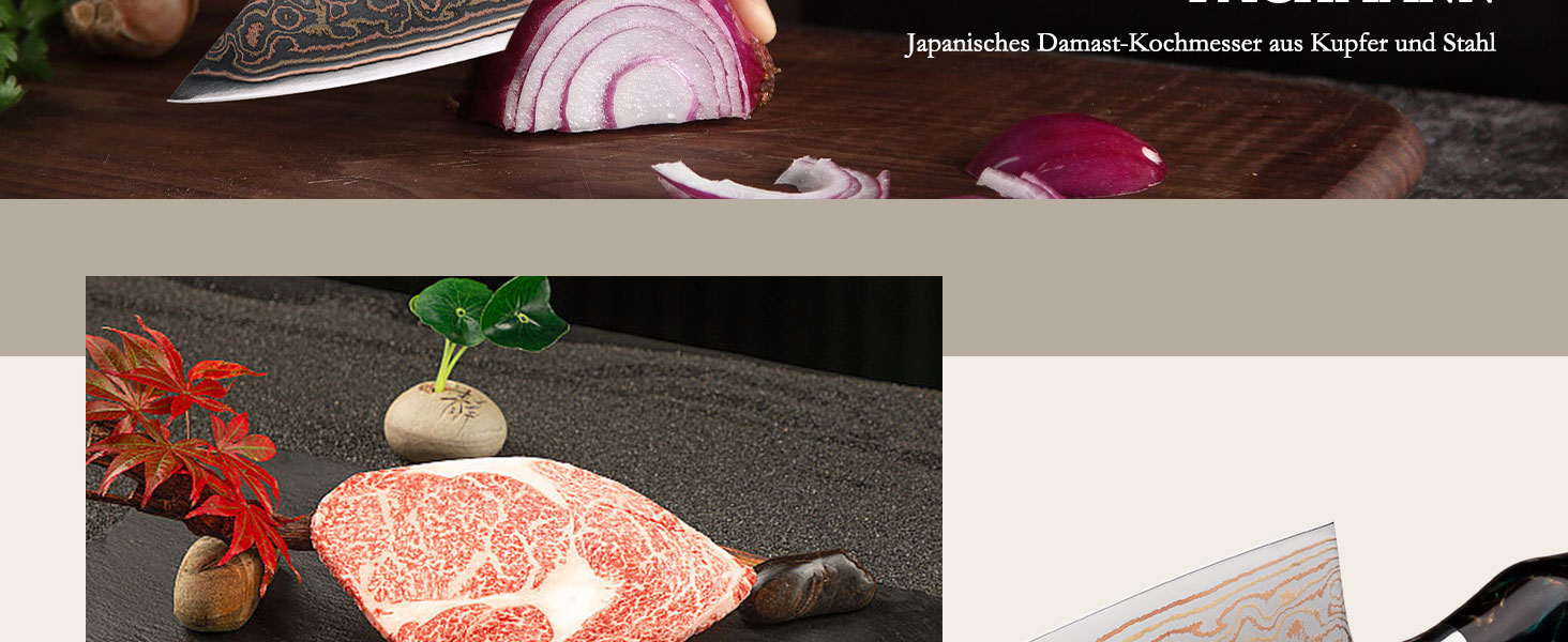 Ніж кухарський SHAN ZU з дамаської сталі з мідним лезом, ручне кованість, японський ніж, 33 шари дамаської сталі, професійний ніж для кухні 20 см, серія VENUS, ніж кухарський з міддю 20 см