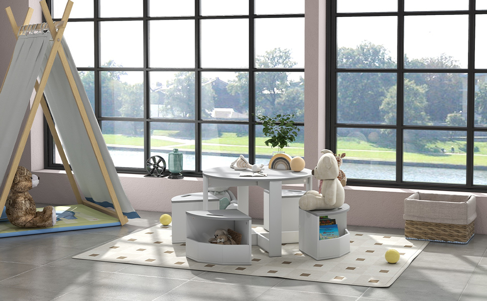 Дитячий стіл та стільці AIYAPLAY 5-TLG. сірого кольору з ящиком для зберігання