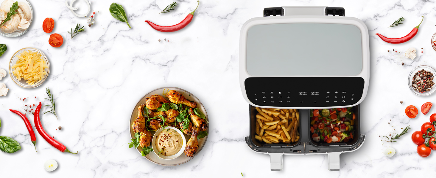MEDION P20 XXL Фритюрниця для повітряного приготування з 2 камерами (8,7 л, Airfryer, 2600 Вт, подвійна камера, 10 автоматичних програм, 2 ящики, віконце, Dual Airfryer, ILAG PFAS-free, MD11760) матово-білий