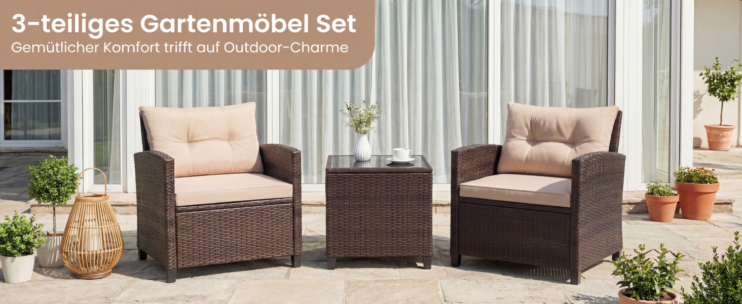 Набір садових меблів GIANTEX з ротангу для балкона та саду: 2 крісла та стіл, сірий з сірим (3 предмети) з подушками