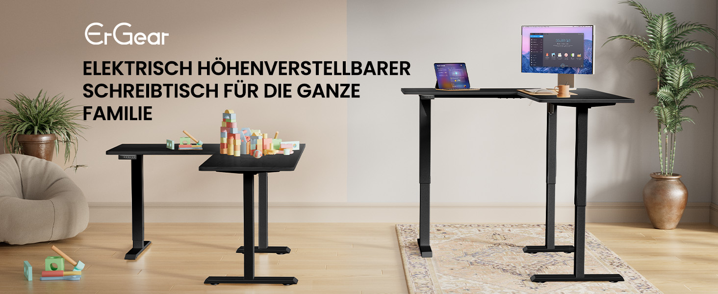 ЕрГер: Кутовий електричний стіл з регулюванням висоти, L-подібний, з індивідуальним мотором, 4-пам'ять, білий (160 x 140 см, чорний)