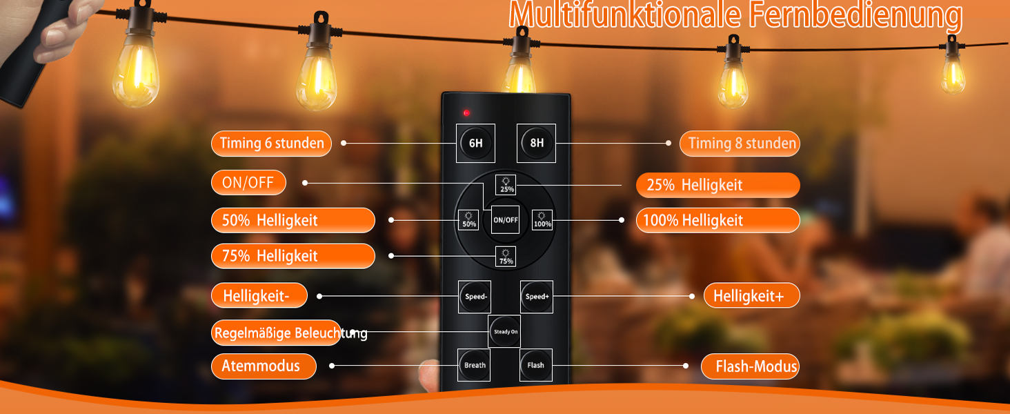 LED гірлянда для зовнішнього використання 30м з пультом, S14, 100FT, IP65, 30+2 лампочки, тепле світло 2700K, для саду, тераси, балкону, двору