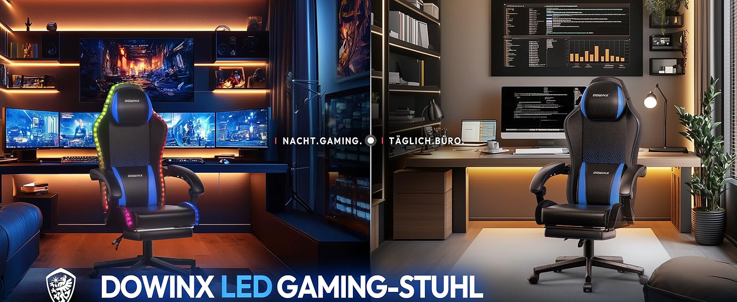 Ігровий крісло Dowinx з RGB підсвічуванням, LED, з підніжкою, для дорослих, ергономічний, з масажем попереку, PU шкіра, білий (блакитний)