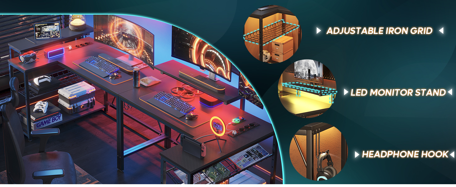 Ігровий кутовий стіл Bestier L-подібної форми з LED-підсвічуванням, розетками, 2 полицями та гачками – кутовий стіл для комп'ютера, офісу, спальні та геймінгу 106 x 80 см, 3D-вуглецеве волокно чорного кольору