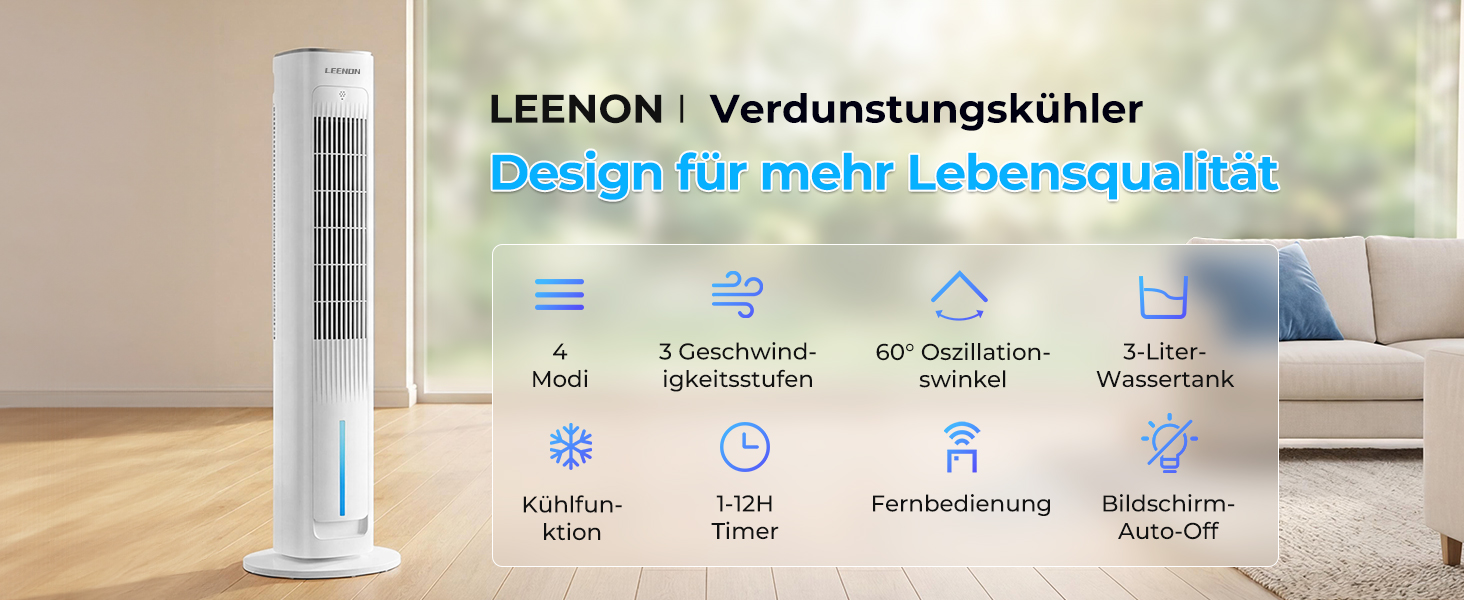 Вентилятор-охолоджувач повітря LEENON 3-в-1 з функцією зволоження, 38 см, пульт, 3 швидкості, таймер 12 год, для дому та офісу, білий