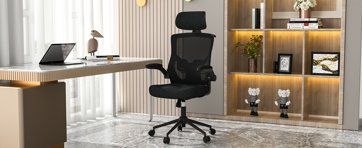 Ергономічне крісло для офісу з регульованою підголівником та поперековою підтримкою – високе офісне крісло з сітчастою спинкою та м'яким сидінням, вішалка для одягу та функцією блокування (Чорний)