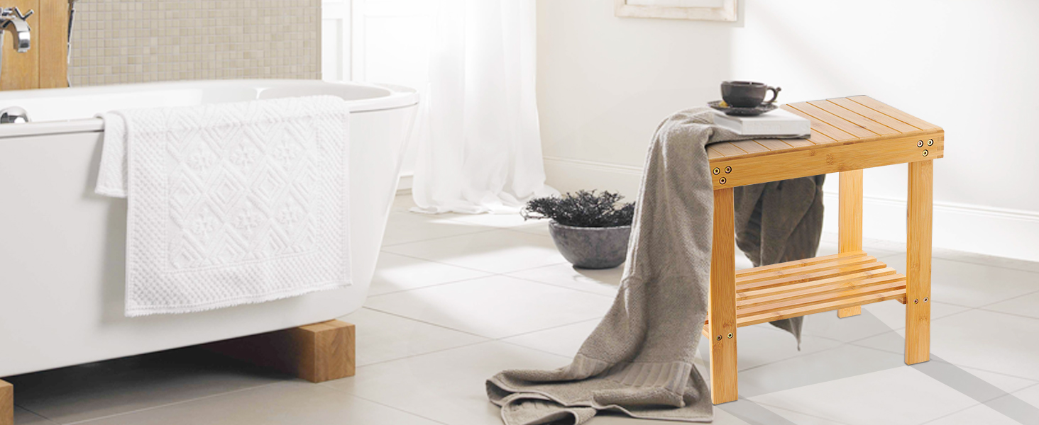 Банкетка для ванної кімнати VaeFae з бамбука, табурет для душу з підставкою для ніг та полицею для аксесуарів, для душу, ванної, вітальні, спа-салону, саду