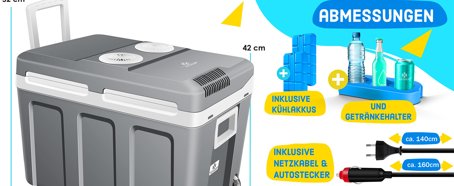 Термохолодильник KESSER® 40L з колесами | 12/230V | Для авто, човна, кемпінгу | Холодильник та підігрівач | ECO/MAX режим | з акумуляторами холоду та тримачами для напоїв