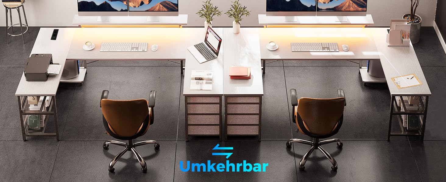 Кутовий стіл ODK з 4 шухлядами, місцем для зберігання, 2 розетками та 2 USB-портами для зарядки, з підсвічуванням LED та підставкою для монітора, 167×102 см, білий