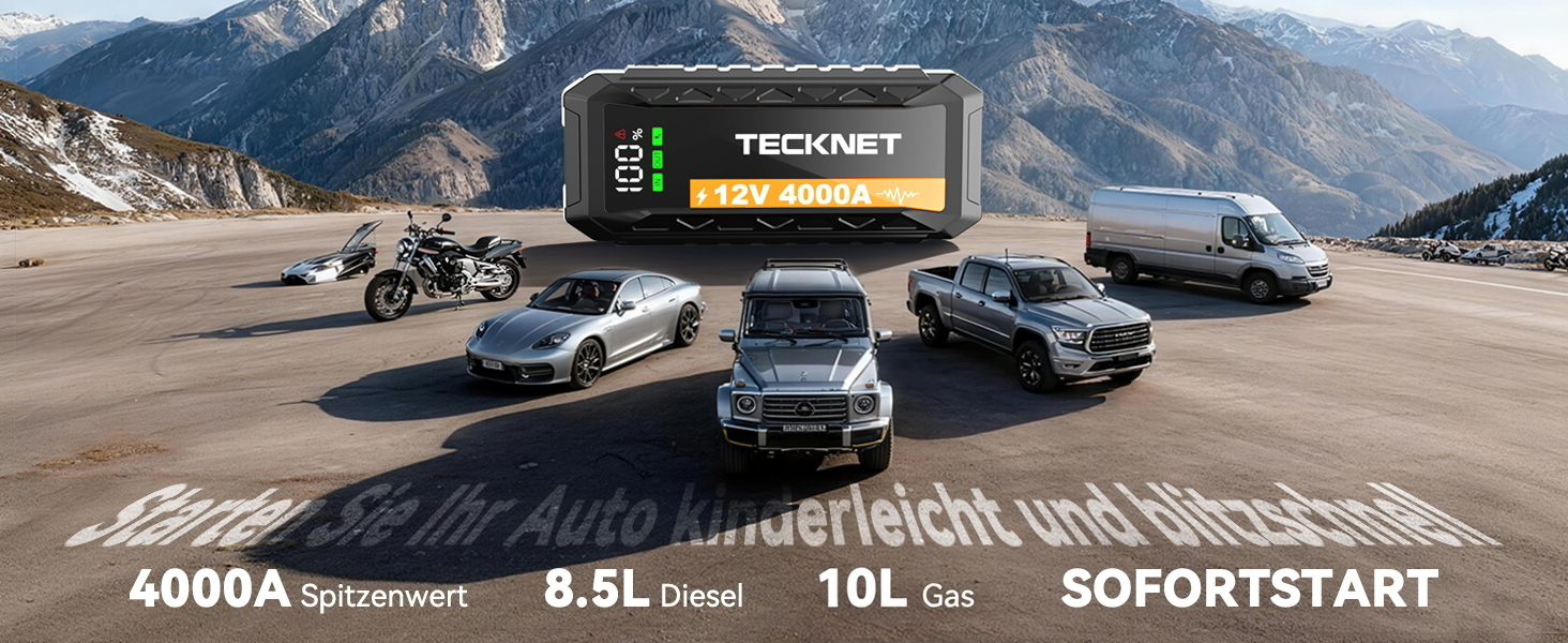 Бустерний пускач TECKNET 4000A 12V для автомобіля (бензин до 10л, дизель до 8л) з USB-портом та LED-ліхтарем, чорний
