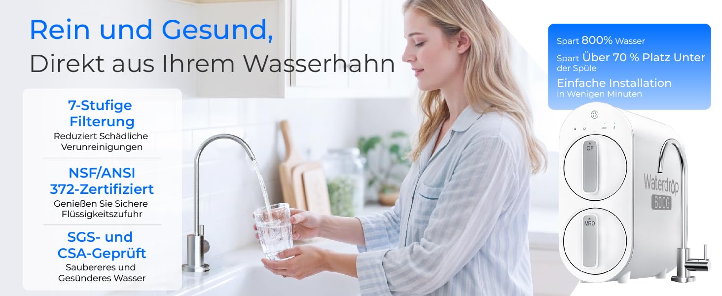 Waterdrop G2P600 Система фільтрації води зворотного осмосу, 8000 літрів, очищення 2:1, без баку, пом'якшувач води RO під мийку G2-600G
