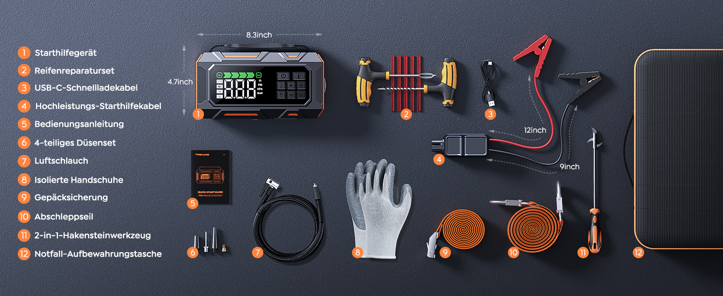 Пусковий пристрій 14-в-1 для авто 8000A з компресором 160 PSI, Powerbank 26800mAh, бустер для бензинових та дизельних двигунів (до 12л), з LED-ліхтарем та набором для ремонту шин