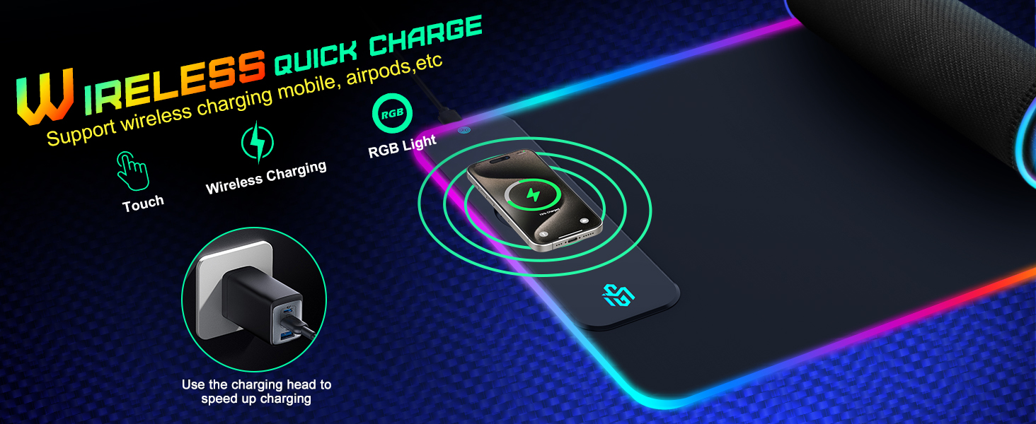 Ігрова килимок для миші RGB з бездротовою зарядкою Qi 15W, LED-підсвічування, 10 режимів, вологостійкий, протиковзкий, для геймінгу, офісу та дому (Чорний)