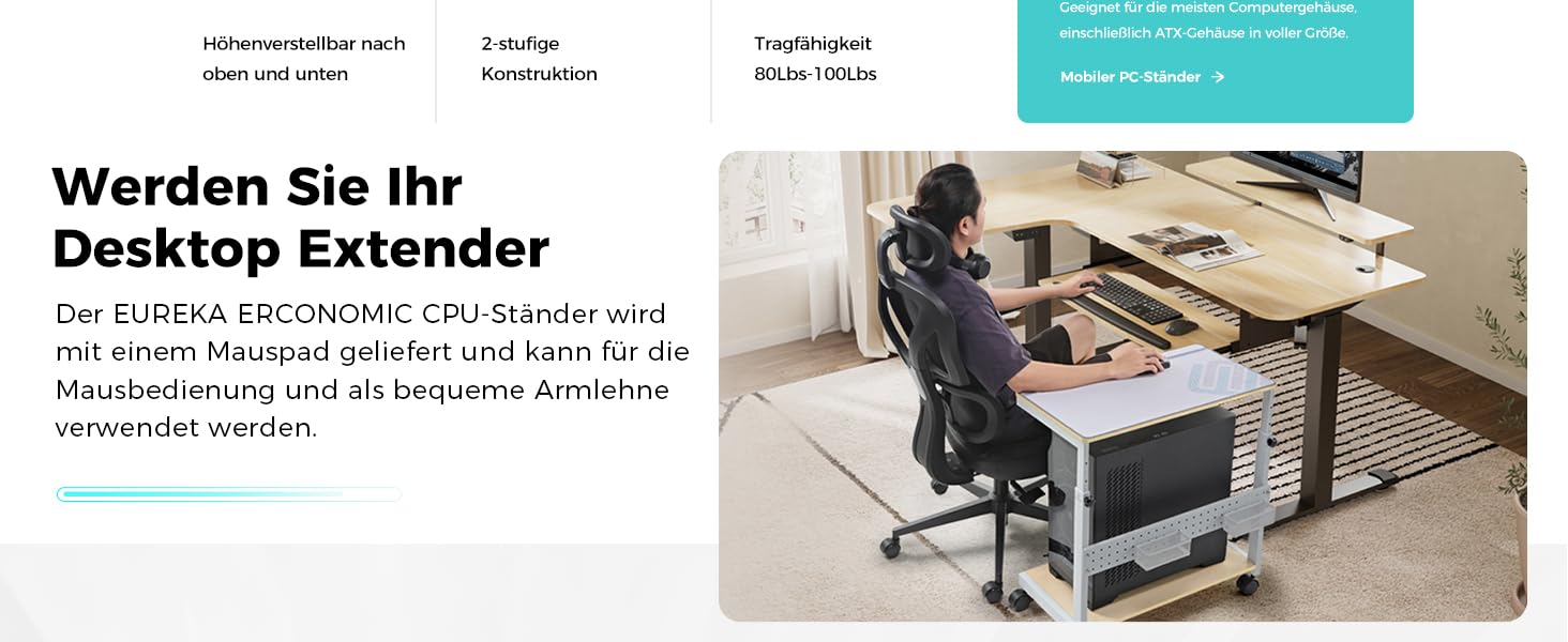 Підставка для комп'ютера EUREKA ERGONOMIC: регульована висота, ATX, для CPU, під стіл, з коліщатками та підкладкою для миші (колір: горіх)