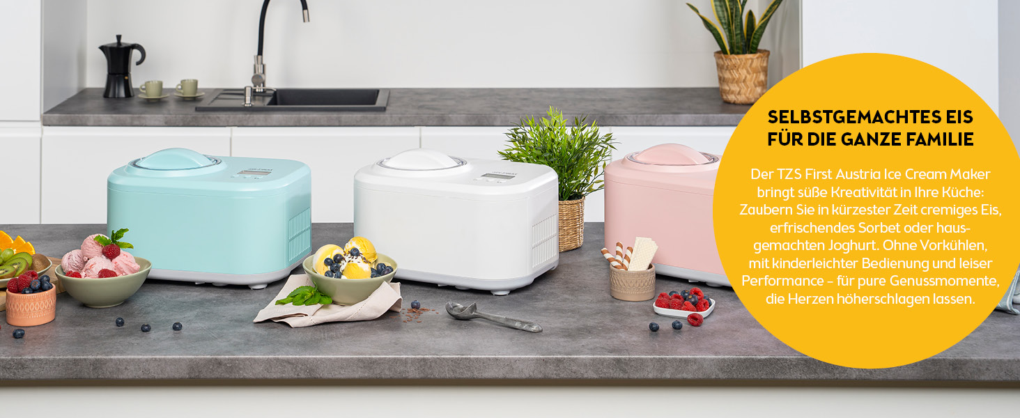 Електрична морозиво-машина TZS First Austria 1L з компресором 3-в-1 - для морозива, сорбету та замороженого йогурту, з мірним стаканчиком та лопаткою, колір м'ятний