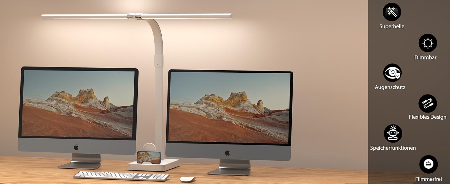 LED настільна лампа LOTTBUTY з диммуванням, 24W, 80см, для офісу та дому, з гнушим шийкою та тримачем для телефону (біла)