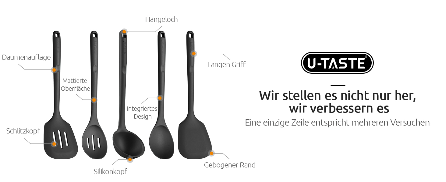 Набір кухонних аксесуарів U-Taste з силікону (5 шт.), стійкий до 315°C, BPA-free, антипригарний, для приготування, перемішування та подачі їжі (чорний)