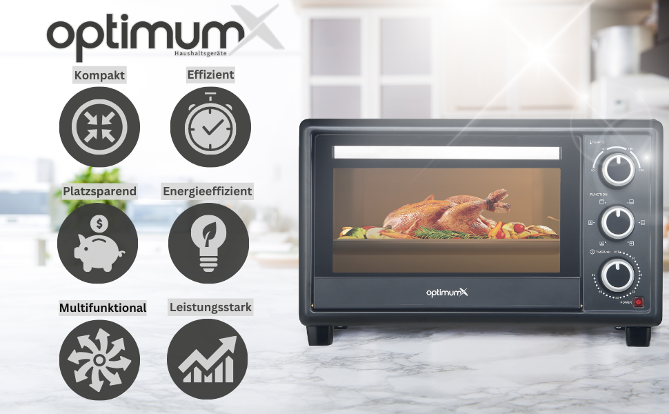 Міні-піч OptimumX 20L з конвекцією, таймером на 60 хв, для піци, 1380 Вт, чорна