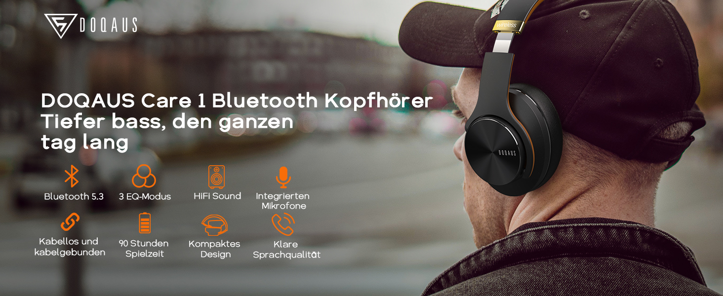 Накладні навушники DOQAUS Bluetooth, 90 годин, 3 режими еквалайзера, HiFi, Складні, Мікрофон, Чорно-коричневий