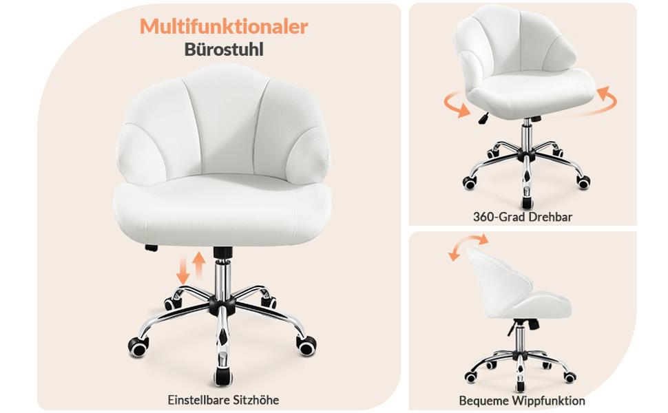 Крісло Yaheetech для дому та офісу: пуф для макіяжу, крісло з регулюванням висоти, обертове, біле, до 136 кг