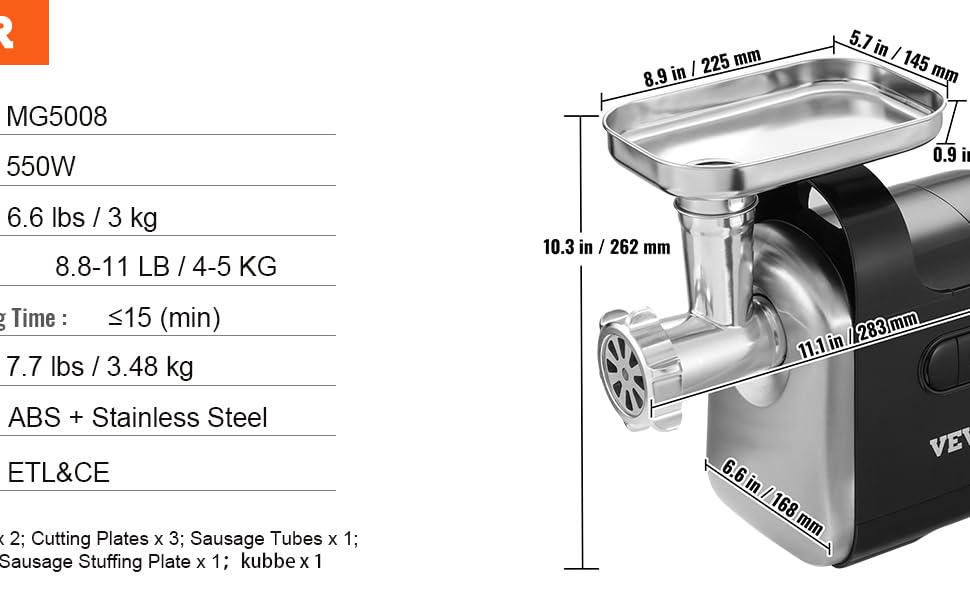 Електрична м'ясорубка VEVOR Машина для м'яса з нержавіючої сталі 3 кг/хвилину фарш, начинка для ковбаси з мультикухонним комбайном потужністю 550 Вт, включаючи 2 ріжучі пластини, 3 трубочки для ковбаси, 2 леза для яловичини, курки, індички тощо.