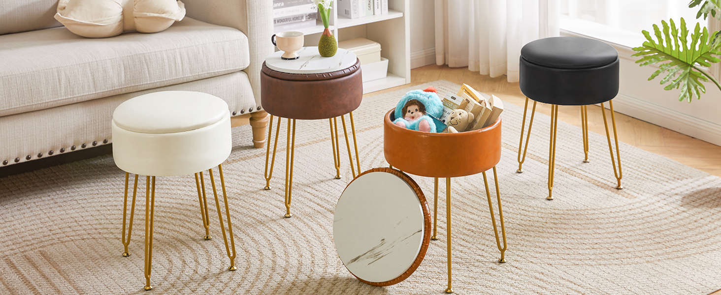 Пуф-табуретка з велюру круглої форми, золоті ніжки, для макіяжу та відпочинку, L/G-30P (з ящиком для зберігання, світло-коричневий)