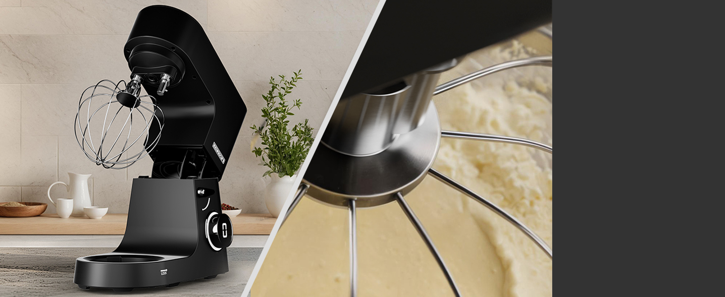 Кухонна машина Heinrichs 2500W з подвійним гаком для тіста, міксером та вінчиком, 8 швидкостей, чаша 8л з нержавіючої сталі, чорна