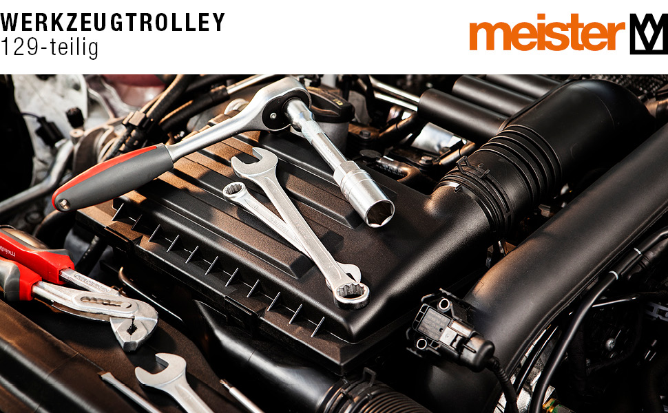 Набір інструментів Meister 156 предметів у візку на колесах з телескопічною ручкою - професійний кейс для інструментів, чорний/сріблястий, 8971440