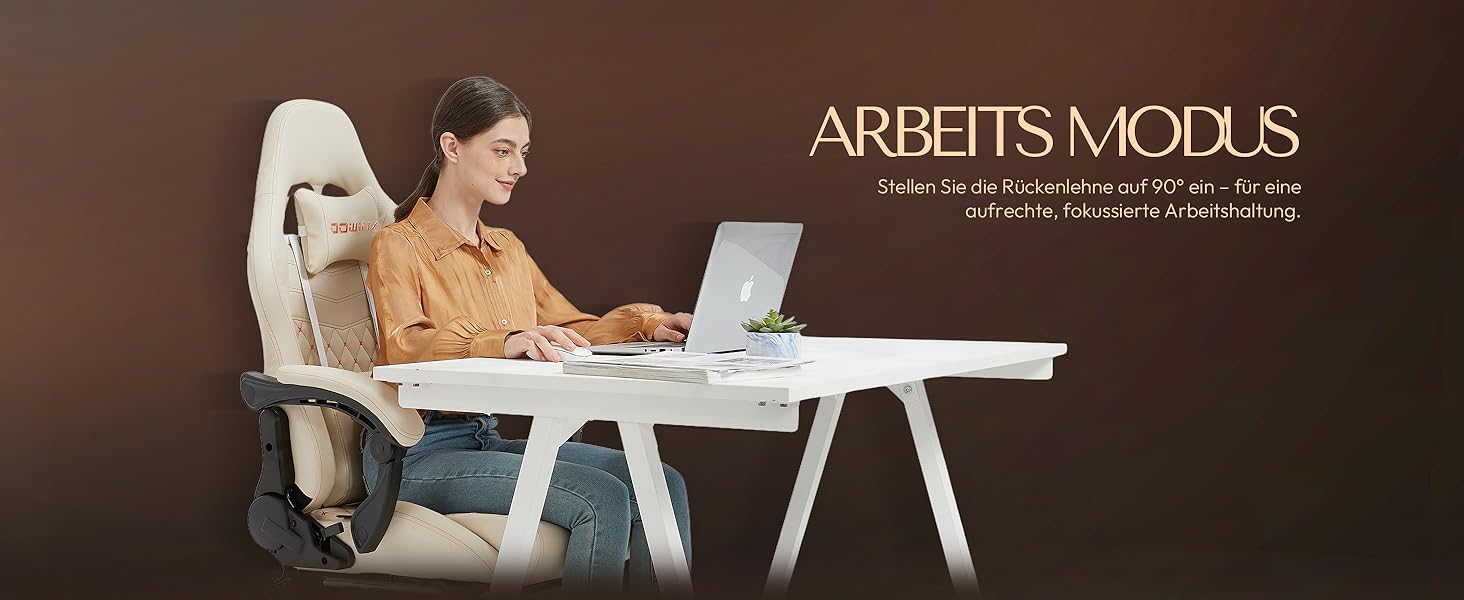 Ігровий крісло Dowinx з регульованою підніжкою, масажером попереку та офісним комфортом, до 200 кг, 165° нахил спинки, бежевий