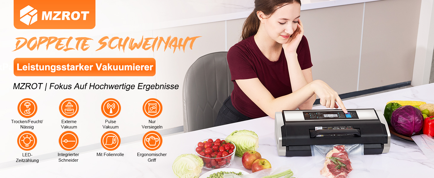 Вакууматор MZROT для продуктів харчування, -95кПа, 230Вт, з подвійним швом, 10 режимів (сухий/вологий), вбудованим різаком, чорно-сріблястий (в комплекті рулон та 15 пакетів)