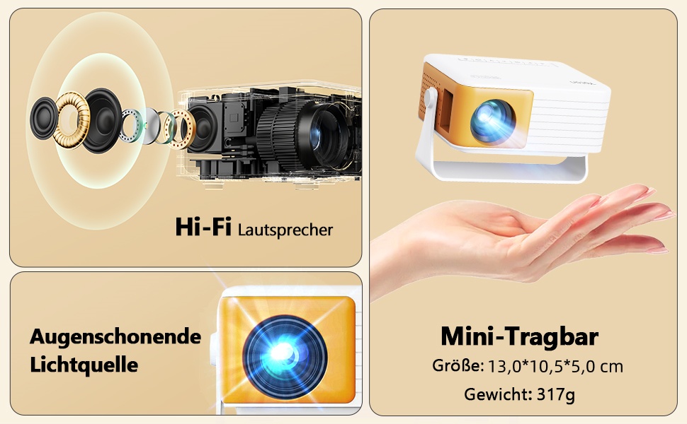 Міні проектор YOTON Y3 1080P: портативний для кінотеатру вдома, з авто-корекцією та HDMI/USB/Phone/PS5, жовтий