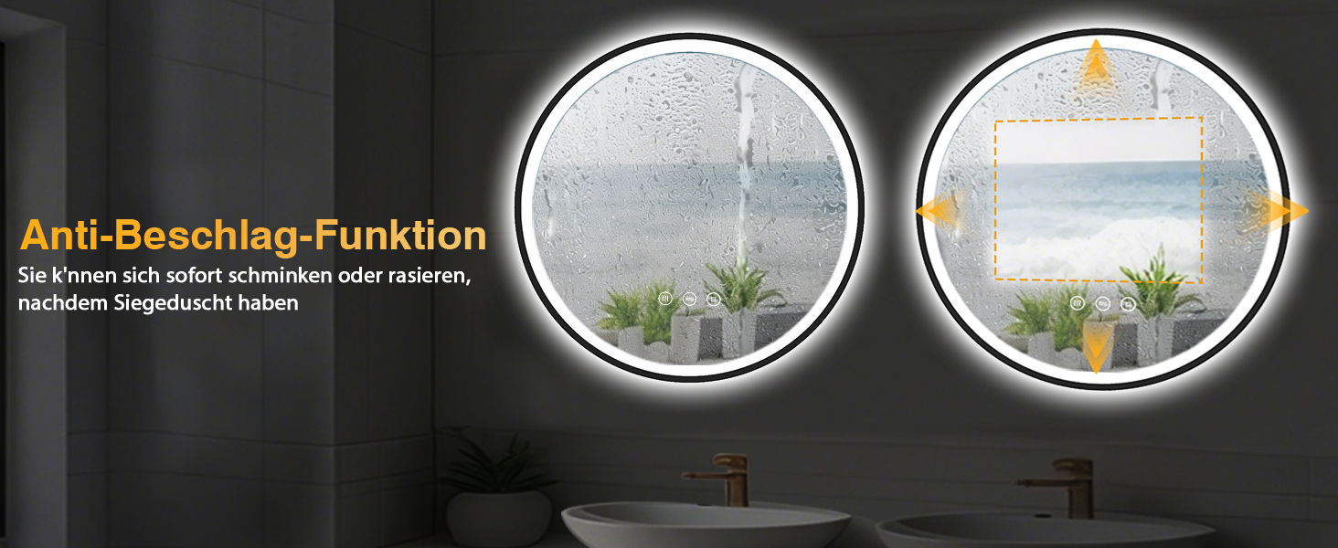 Дзеркало кругле PESENXAN 70см з підсвічуванням та чорним каркасом. Антизапарник, регулювання яскравості, 3 кольори світла, LED, сенсорне управління, функція пам'яті. Розміри: 70x70 см